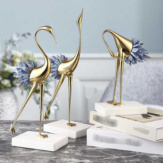 Marble Base Copper Fairy Crane Statue Ornaments (Set of 3)