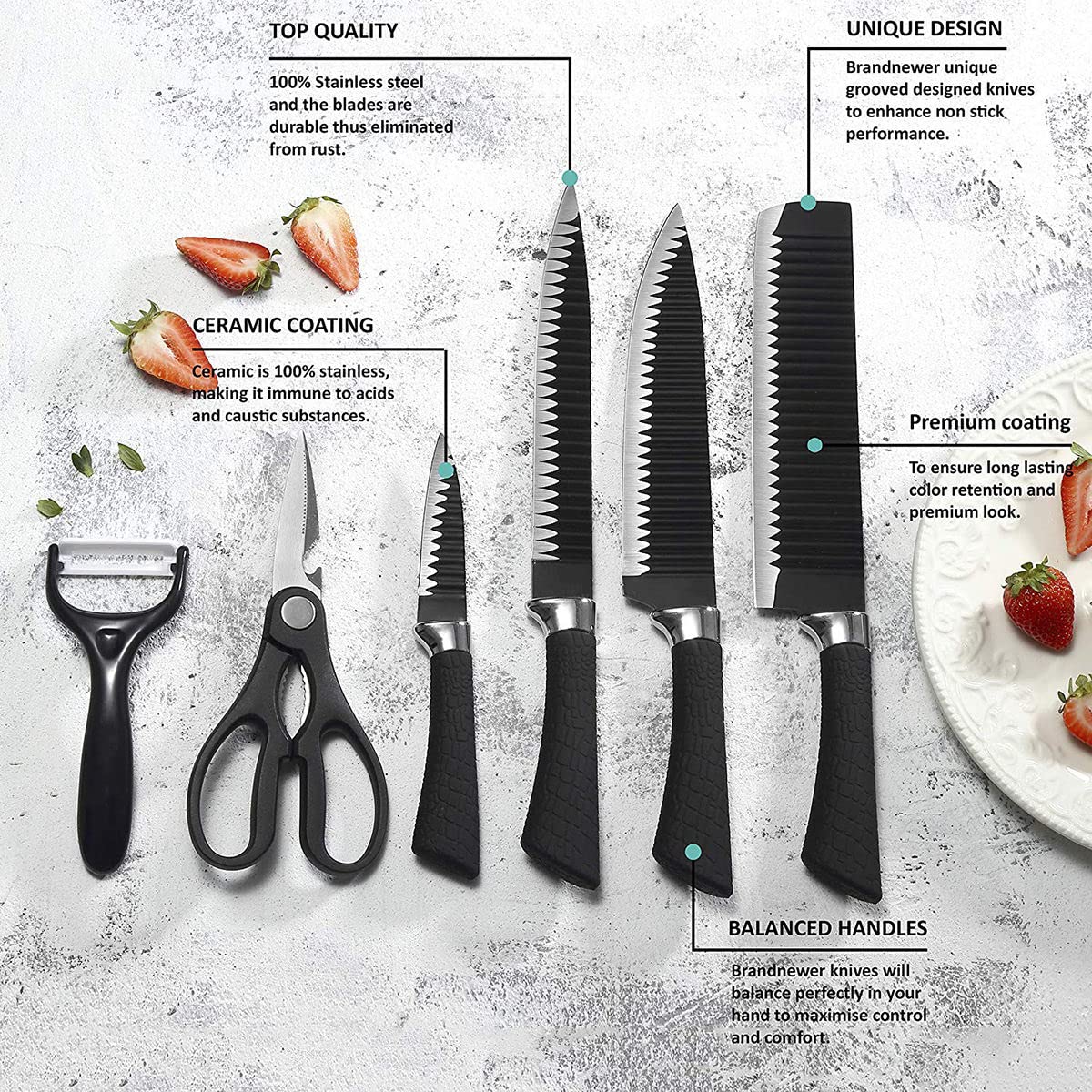 6 pcs Stainless Steel Black Knife Set