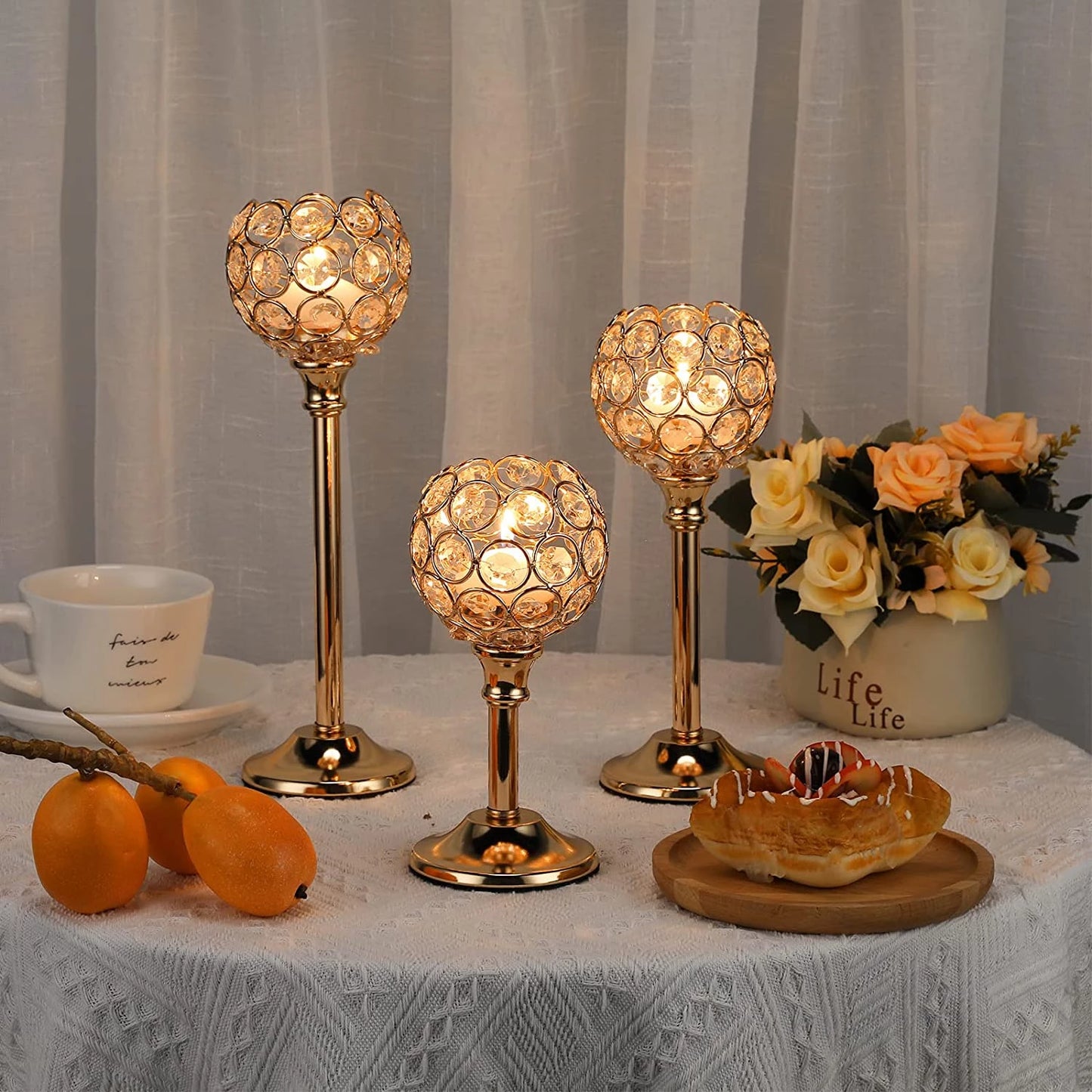 3Pcs Gold Crystal Candle Holders Decor