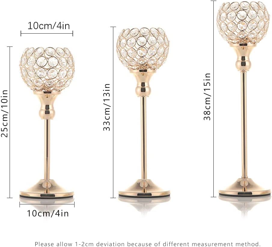 3Pcs Gold Crystal Candle Holders Decor