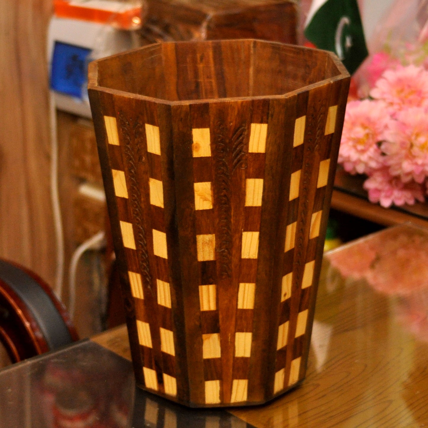 Wooden Carving Waste Dust Bin & Tissue Box