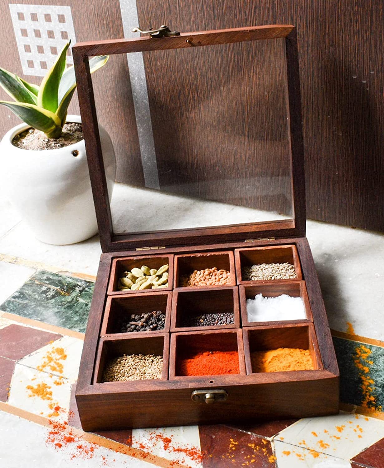 Exclusive Lane Wooden Spice Box (9 Portions)