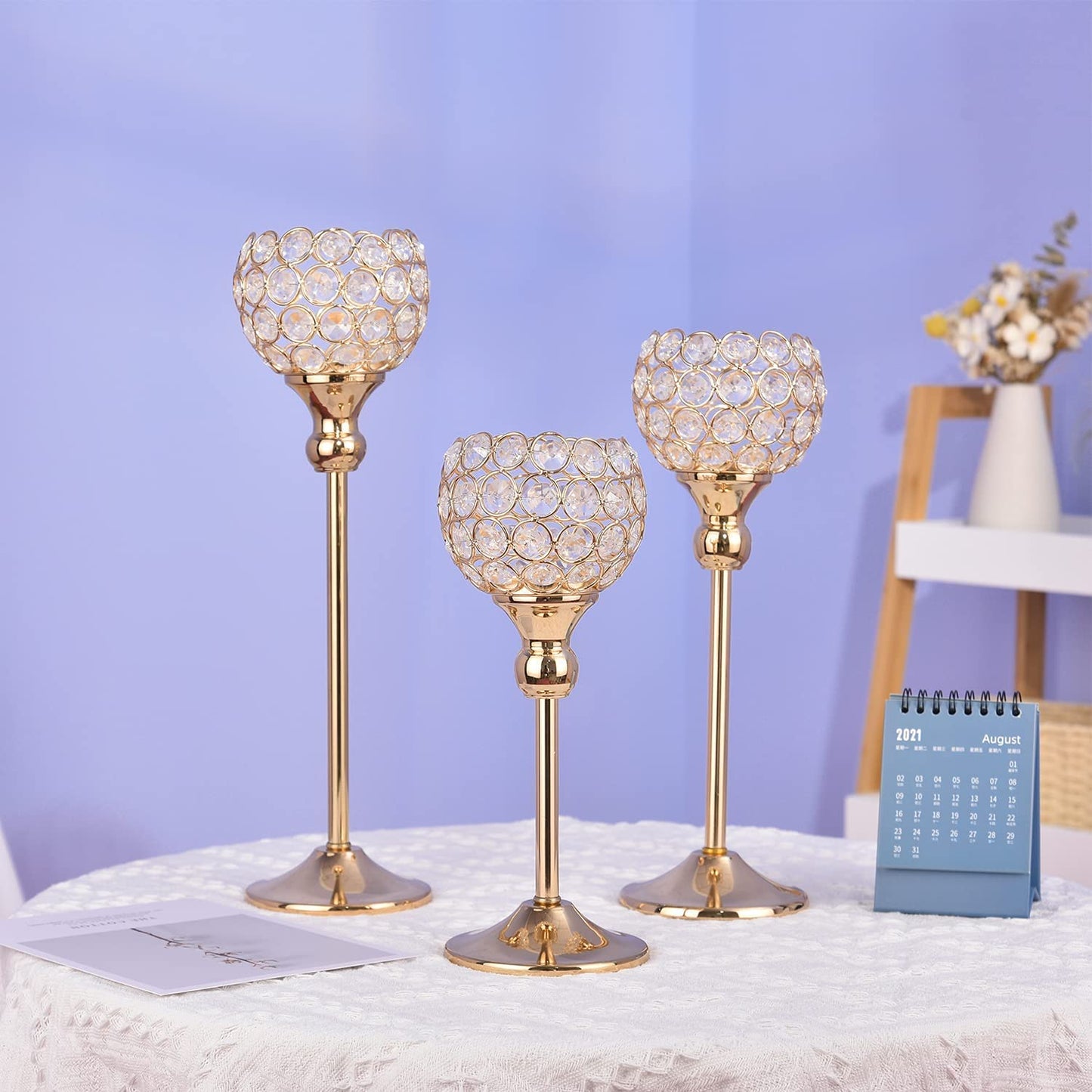 3Pcs Gold Crystal Candle Holders Decor