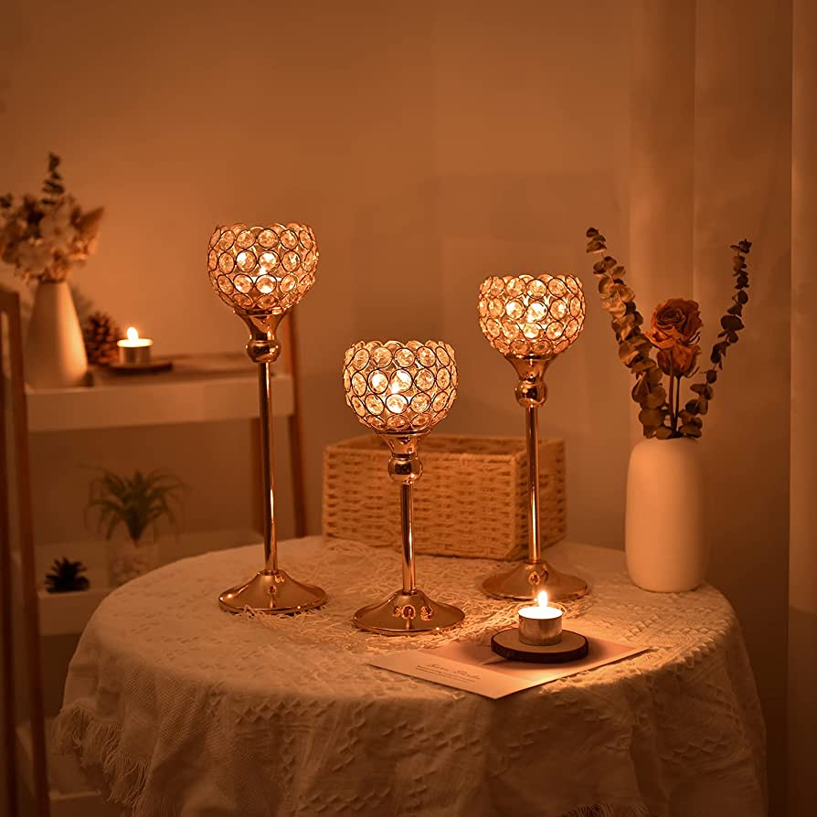 3Pcs Gold Crystal Candle Holders Decor