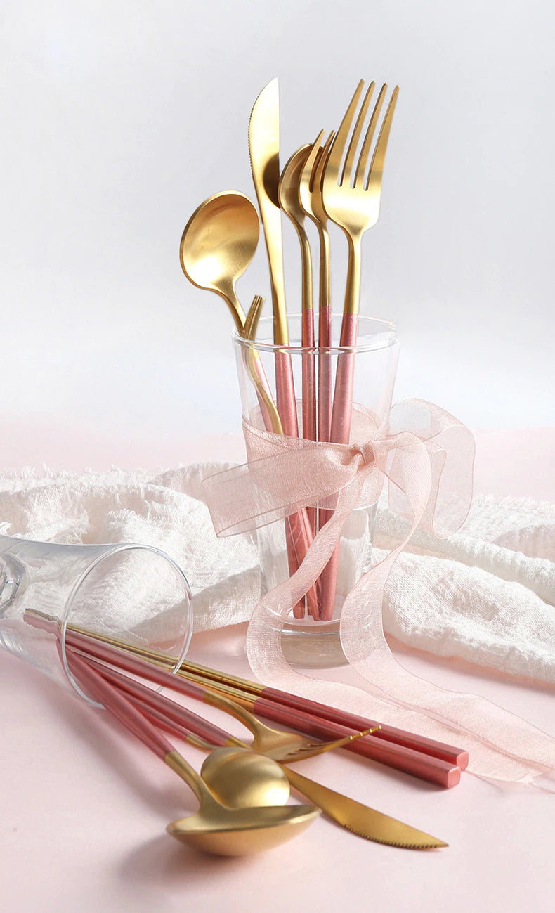 Luxury Pink & Golden Flatware Cutlery Set (4pcs)