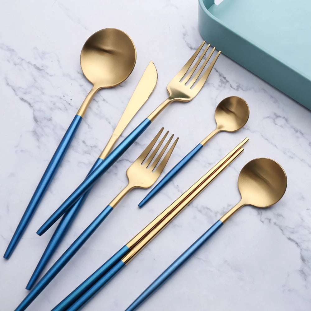 Luxury Blue & Golden Flatware Cutlery Set (24pcs)