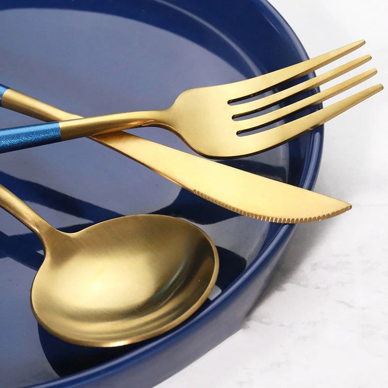 Luxury Blue & Golden Flatware Cutlery Set (4pcs)