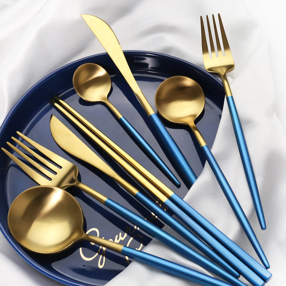 Luxury Blue & Golden Flatware Cutlery Set (24pcs)