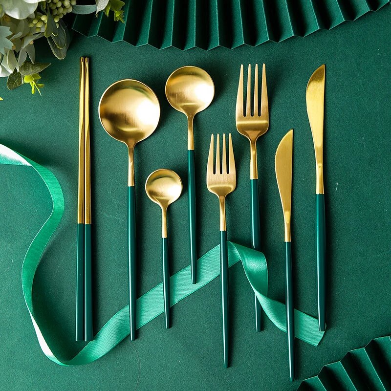 Luxury Green & Golden Flatware Cutlery Set (4pcs)