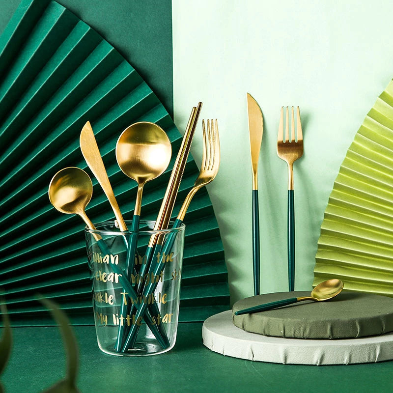 Luxury Green & Golden Flatware Cutlery Set (4pcs)