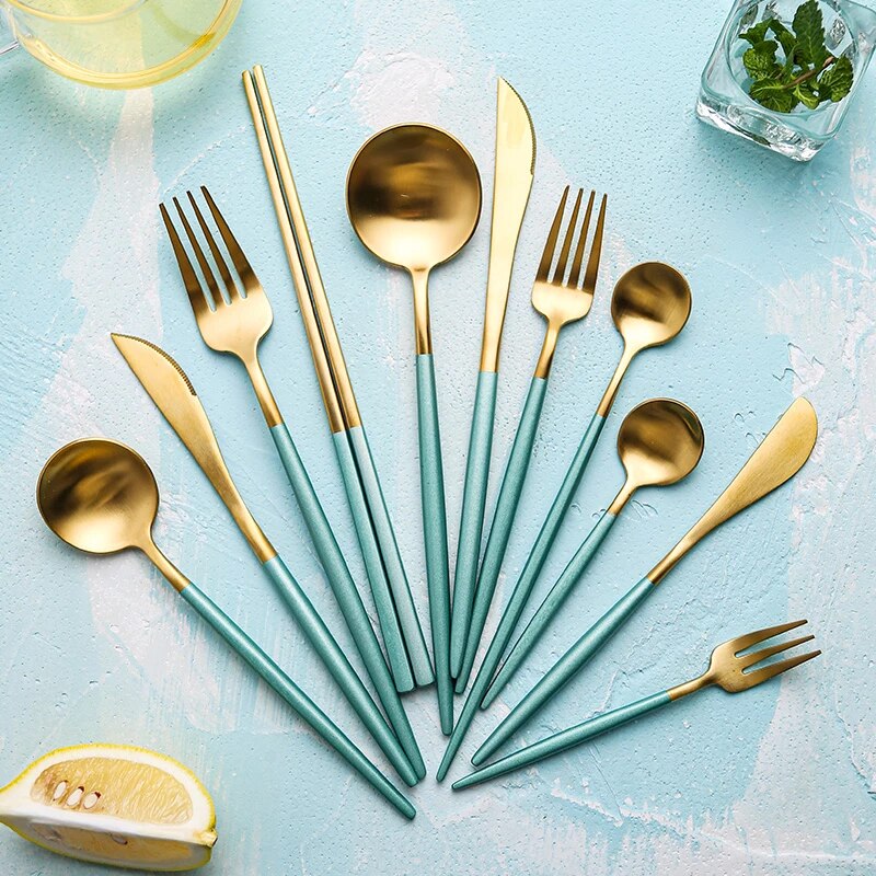 Luxury Green & Golden Flatware Cutlery Set (24pcs)