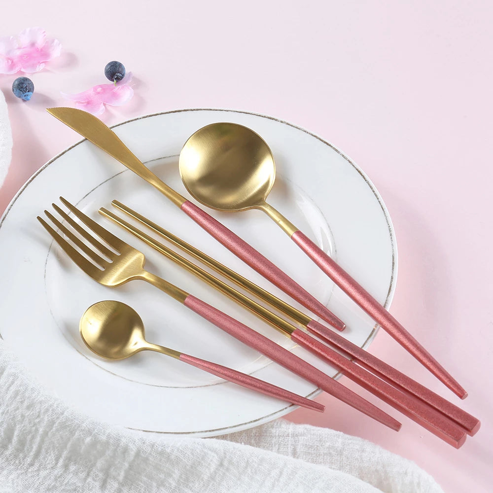 Luxury Pink & Golden Flatware Cutlery Set (4pcs)