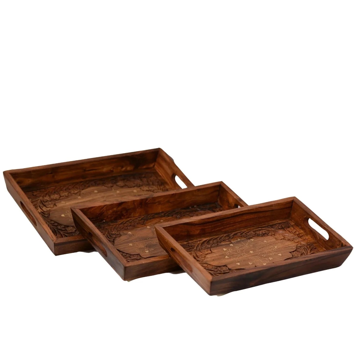 Wooden Brass Work Carving Trays Set