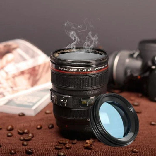 Camera Lens Coffee Mug with Retractable Lid