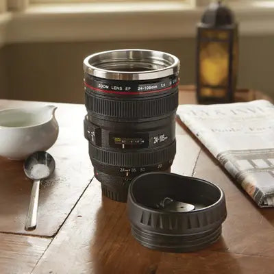 Camera Lens Coffee Mug with Retractable Lid