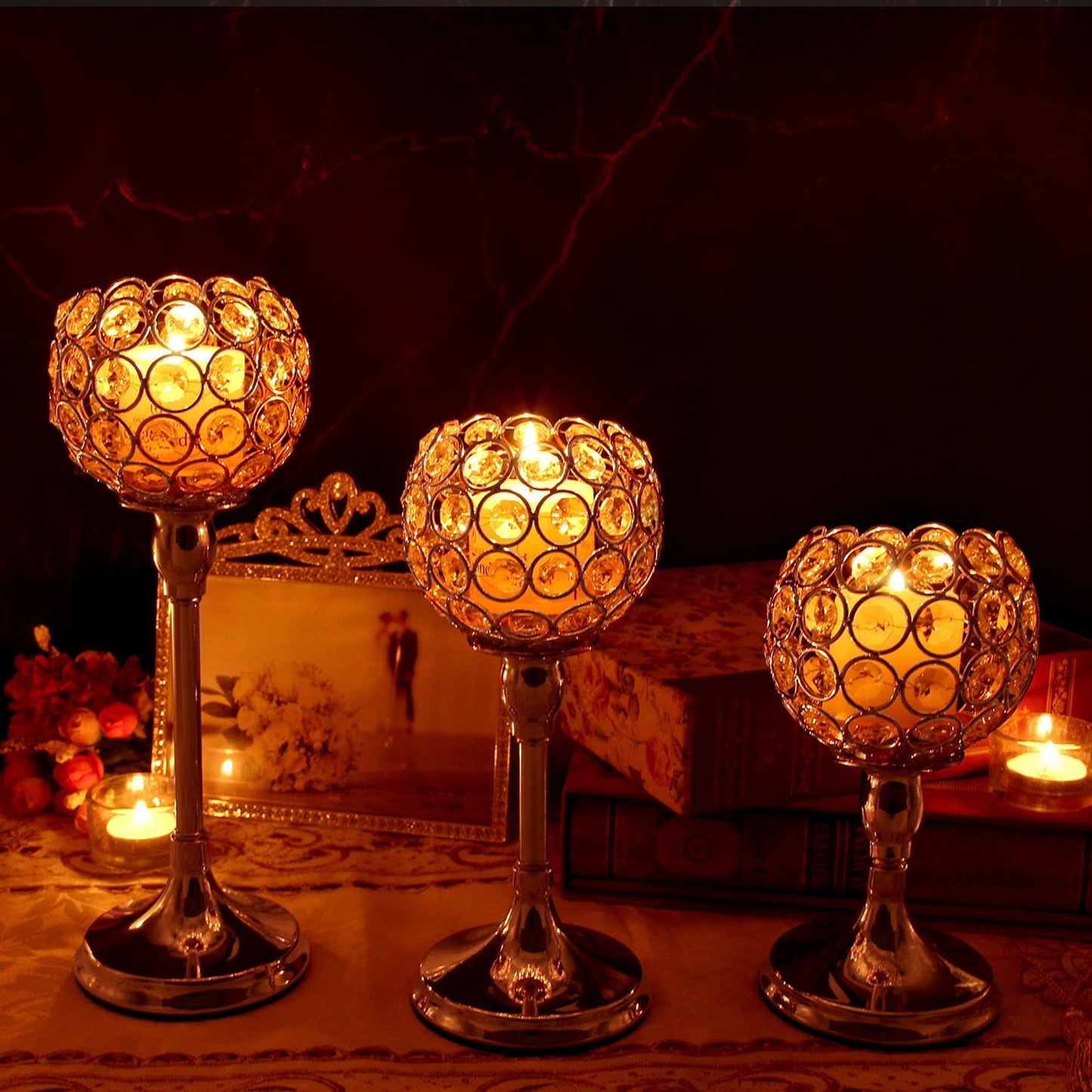 3Pcs Gold Crystal Candle Holders Decor