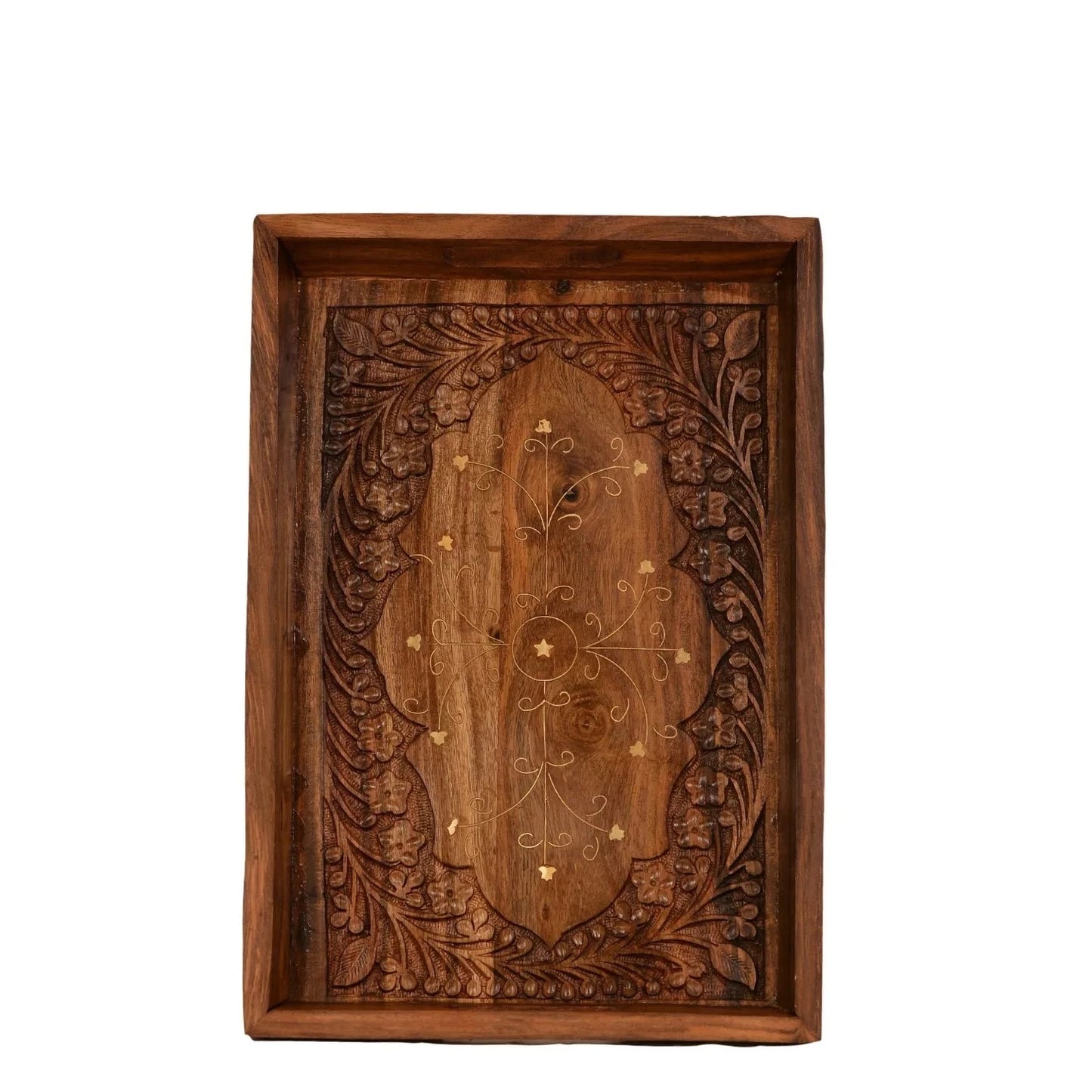 Wooden Brass Work Carving Trays Set