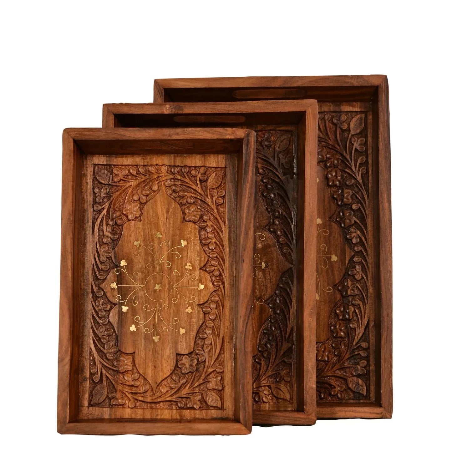 Wooden Brass Work Carving Trays Set